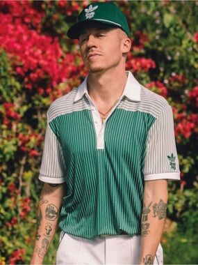 Adidas x Bogey Boys Retro Knit Pinstripe Golf Polo Shirt Green White L